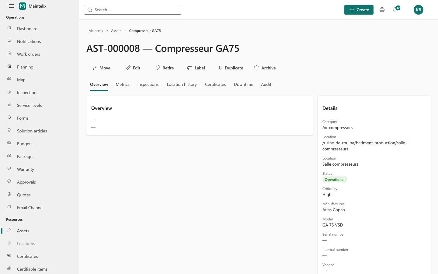 Asset detail page showing category, location, status, criticality, manufacturer and model