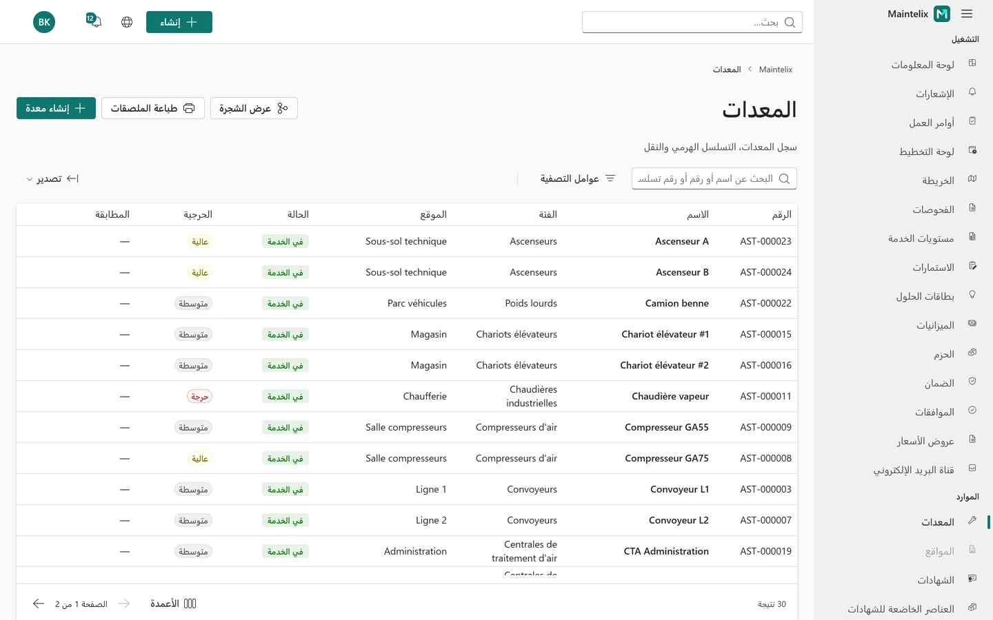 قائمة المعدات، مع المرشحات والحالة والأهمية.