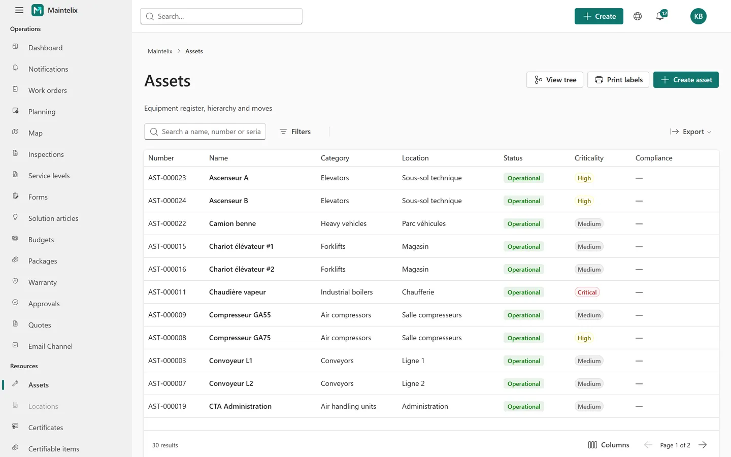 The asset list, with filters, status and criticality.