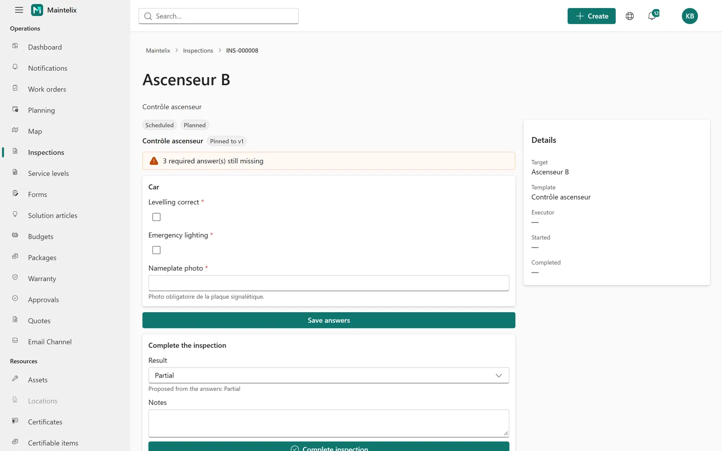 Completed inspection record with its answers and result