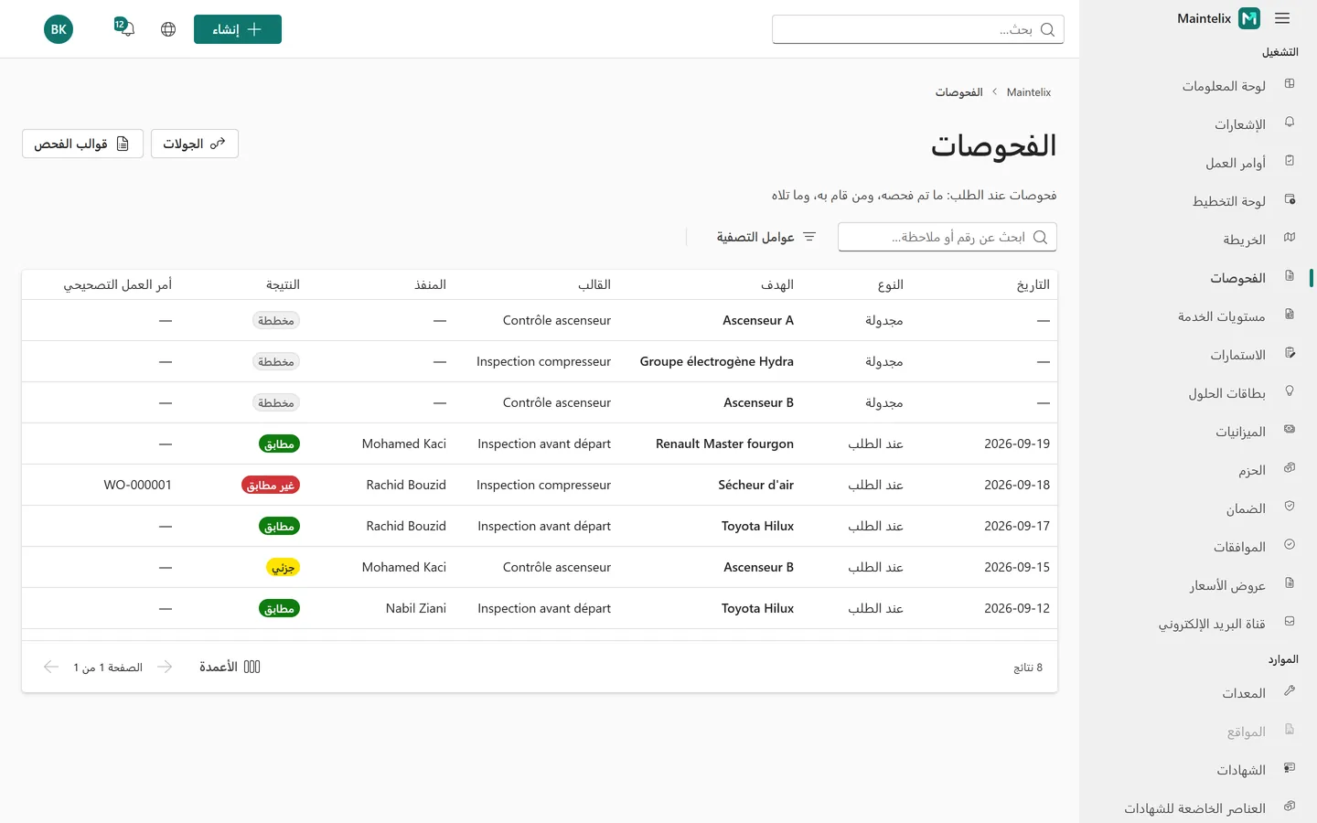 قائمة عمليات التفتيش، مع الحالة والنتيجة.