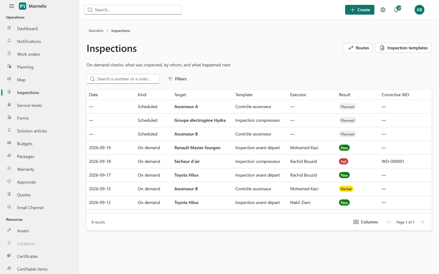 The inspection list, with status and result.