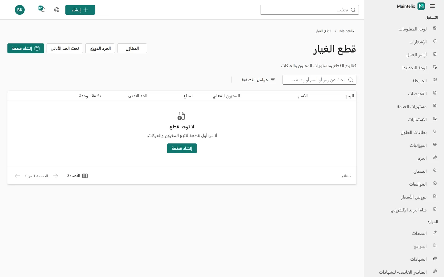 قائمة قطع الغيار مع المراجع ومستويات المخزون والحدود الدنيا