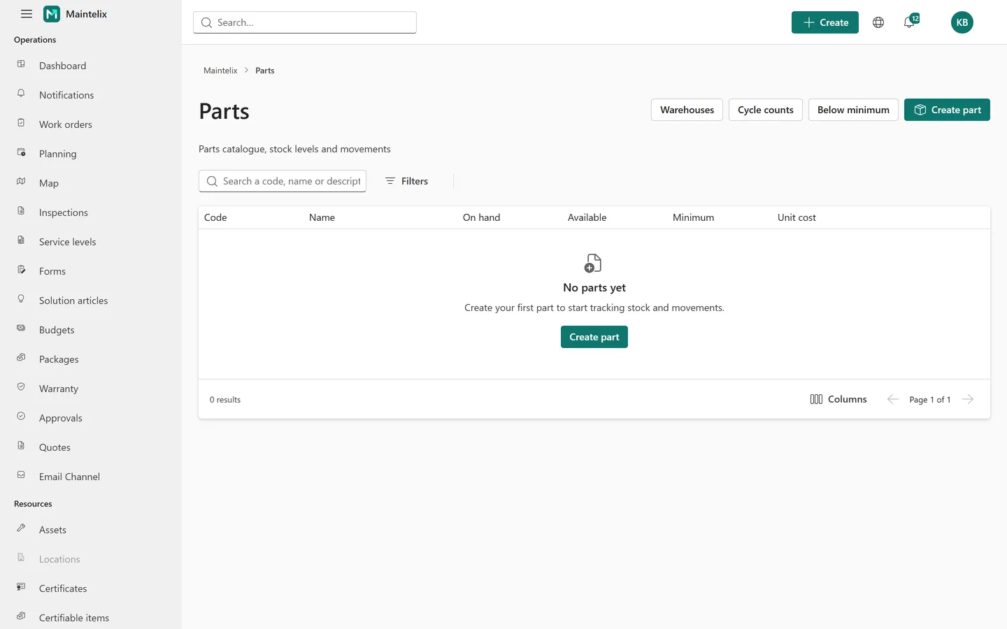 Spare parts list with references, stock levels and minimums